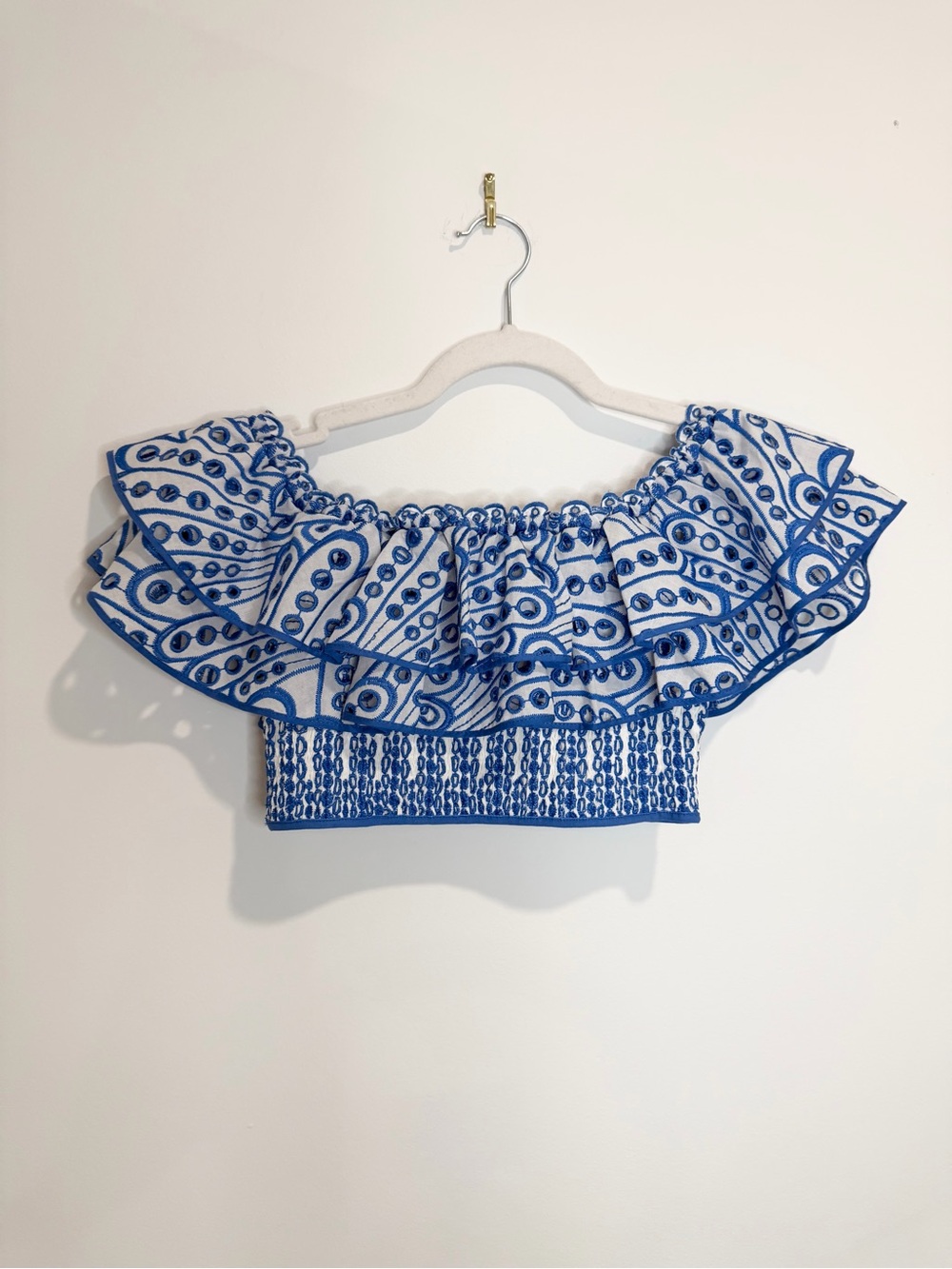 Charo Ruiz Ibiza Blue Embroidered Off-Shoulder Ruffle Crop Top